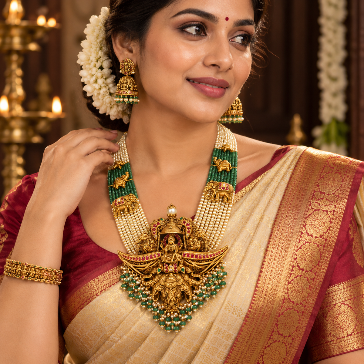 Antique Gold Lakshmi & Elephant Motif Emerald-Pearl Beads Haaram