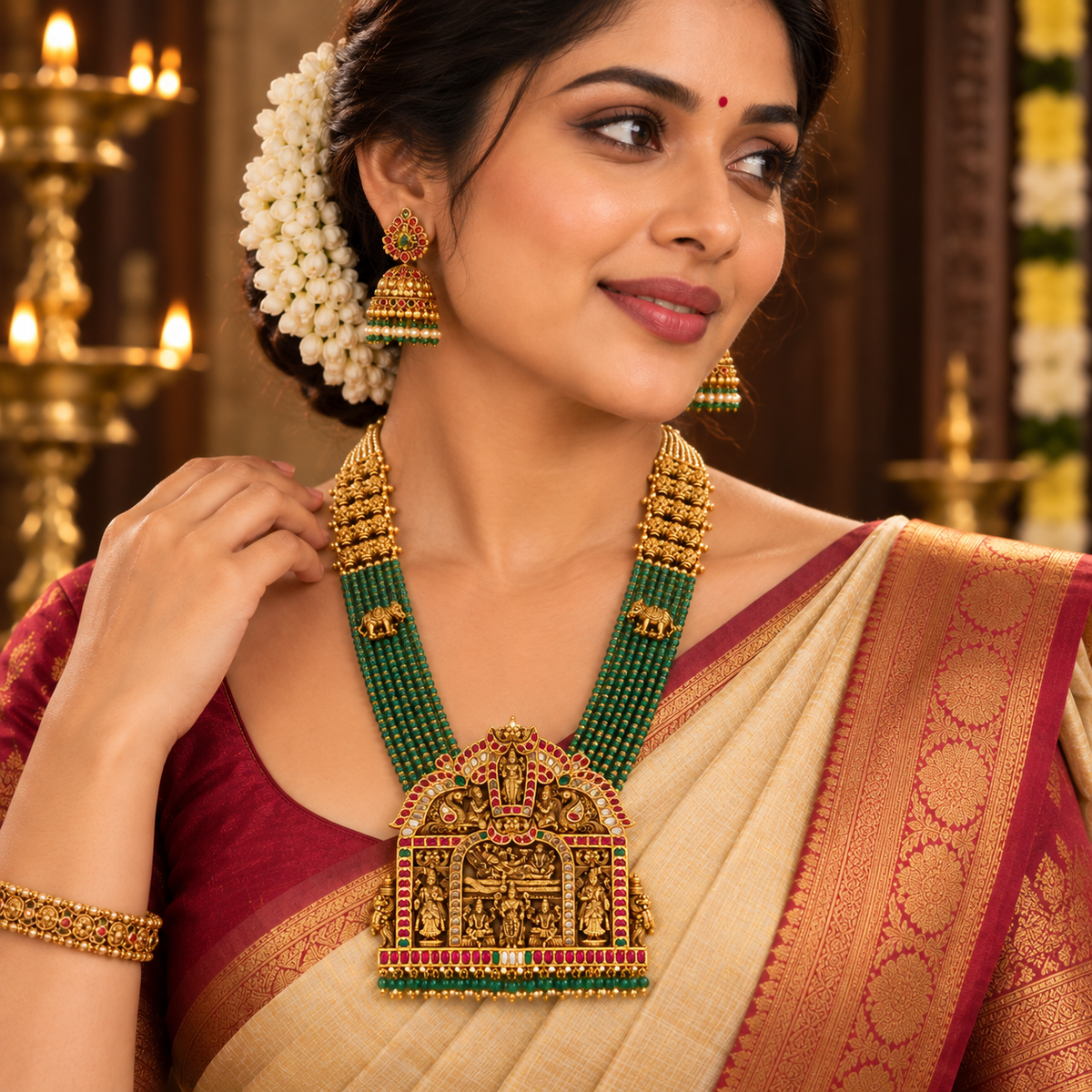 Royal Antique Kundan & Emerald Beads Temple Haaram
