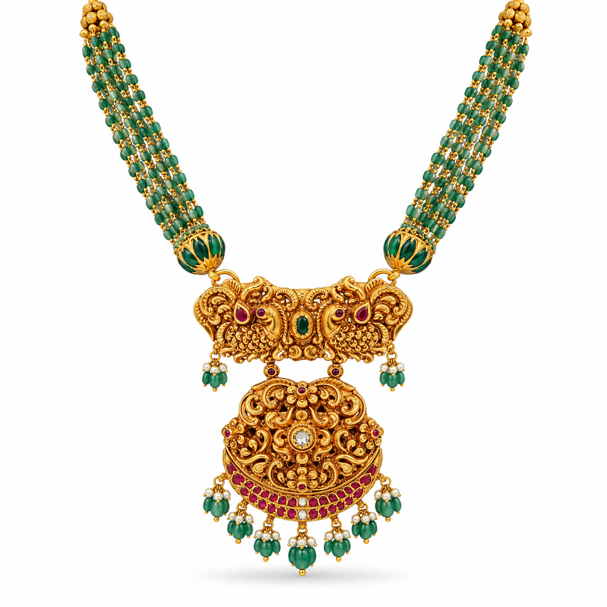 22K Gold Antique Peacock & Emerald Beads Pendant Necklace