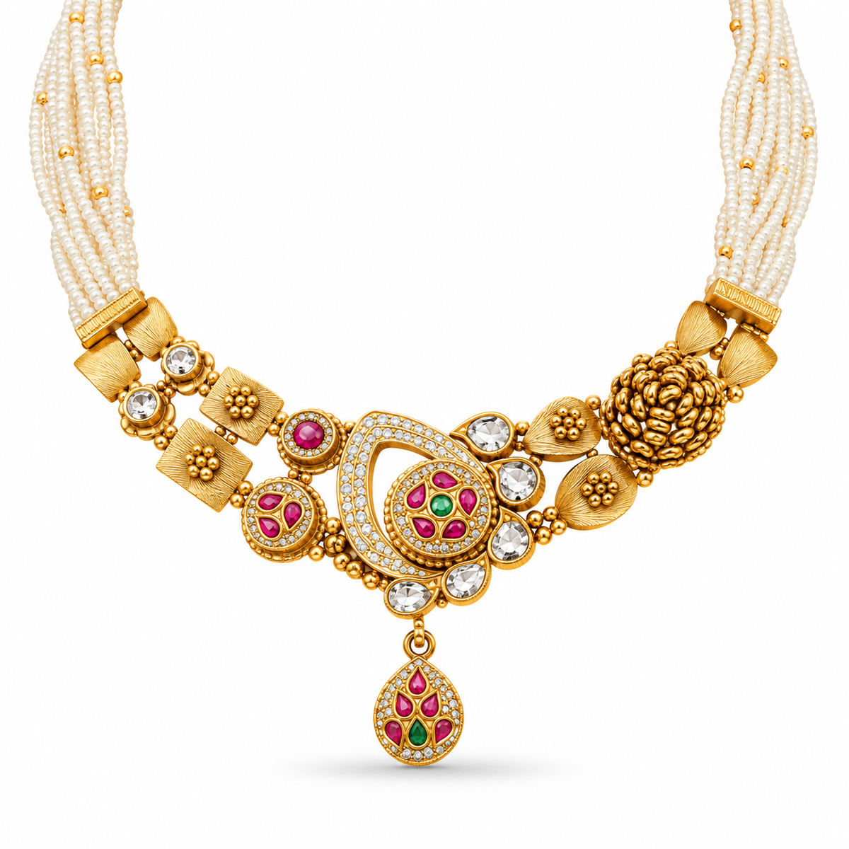 22K Gold Kundan & Pearl Beads Antique Asymmetric Necklace