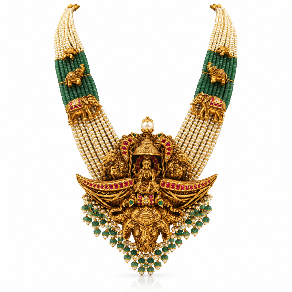 Antique Gold Lakshmi & Elephant Motif Emerald-Pearl Beads Haaram
