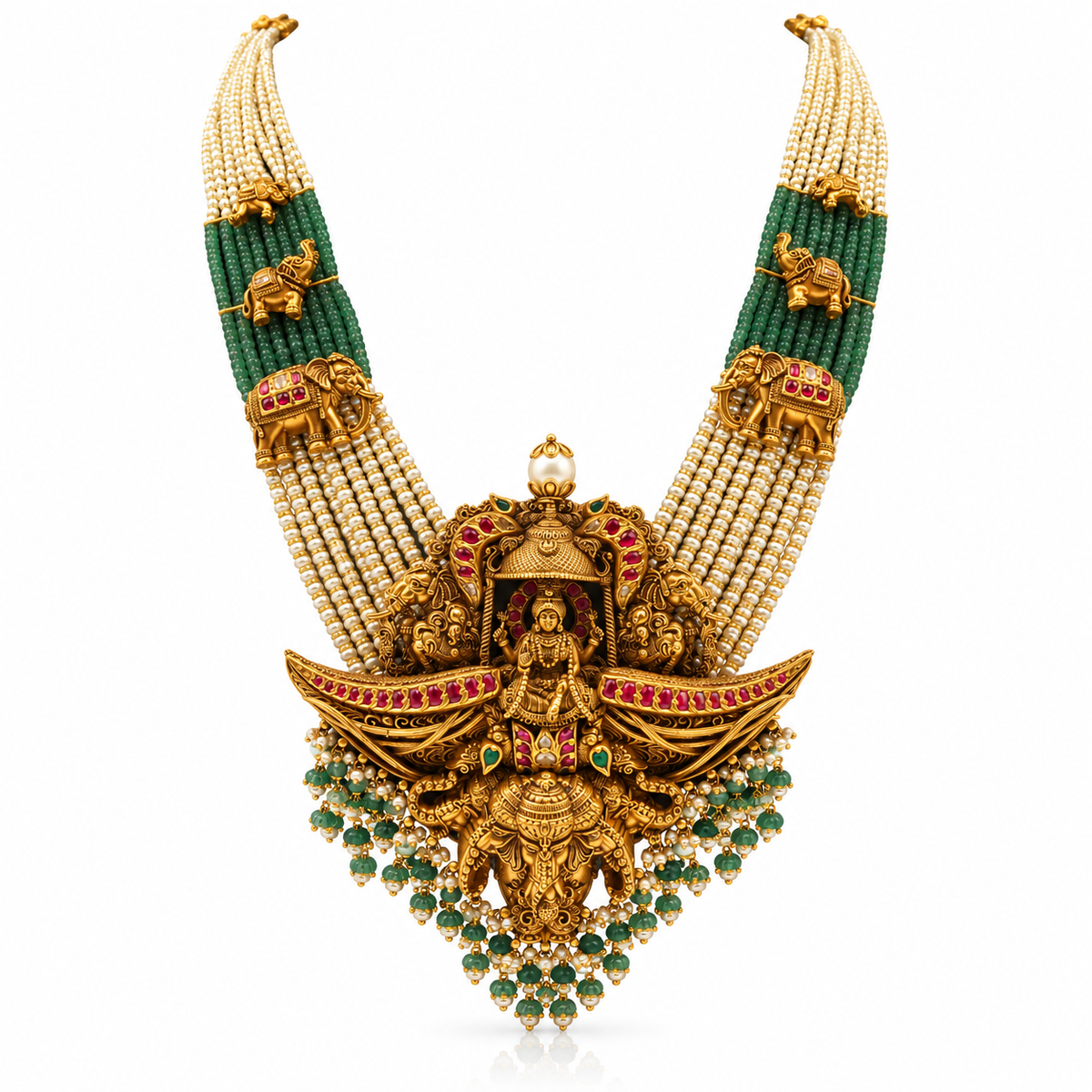 Antique Gold Lakshmi & Elephant Motif Emerald-Pearl Beads Haaram