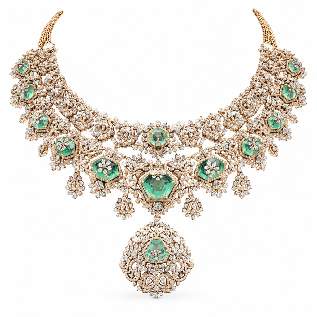 18K Gold Diamond & Emerald Filigree Statement Collar Necklace