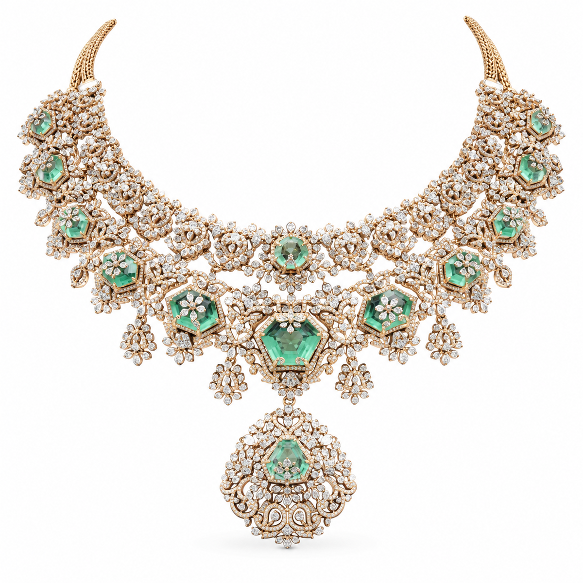 18K Gold Diamond & Emerald Filigree Statement Collar Necklace