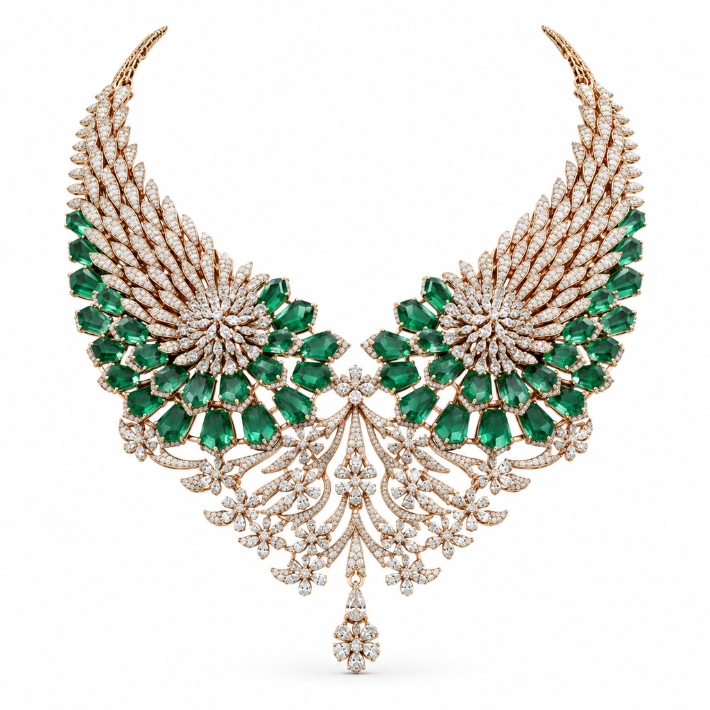 18K Gold Diamond &Emerald Winged High-Jewelry Necklace