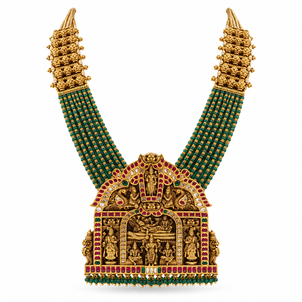 Royal Antique Kundan & Emerald Beads Temple Haaram