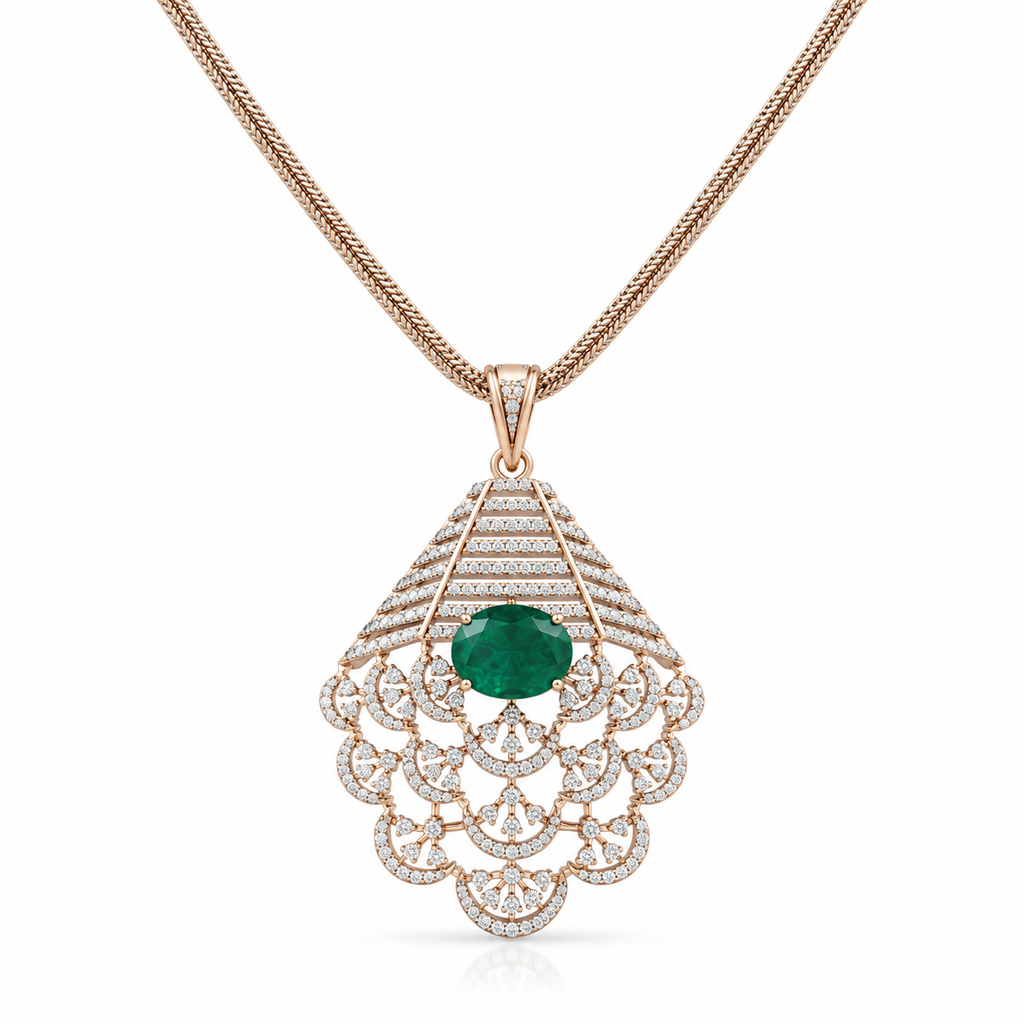 18K Gold Diamond & Oval Emerald Lattice Pendant Necklace