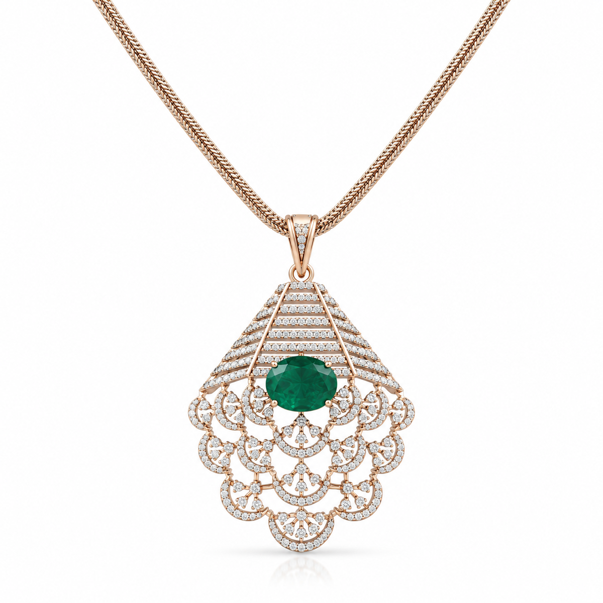18K Gold Diamond & Oval Emerald Lattice Pendant Necklace