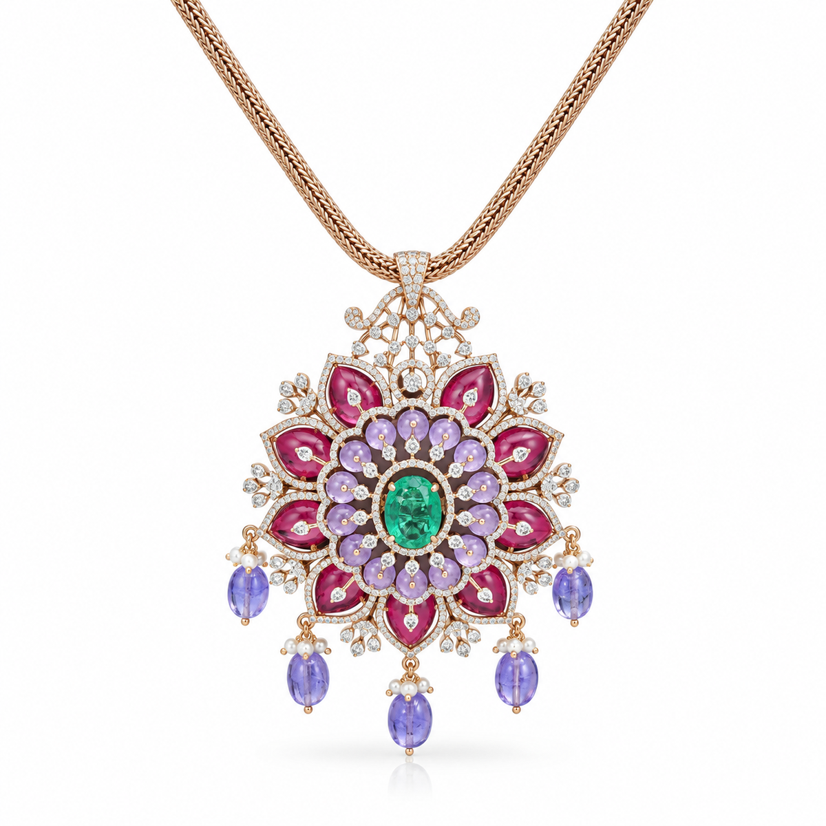 18K Gold Diamond &Emerald Winged High-Jewelry Necklace