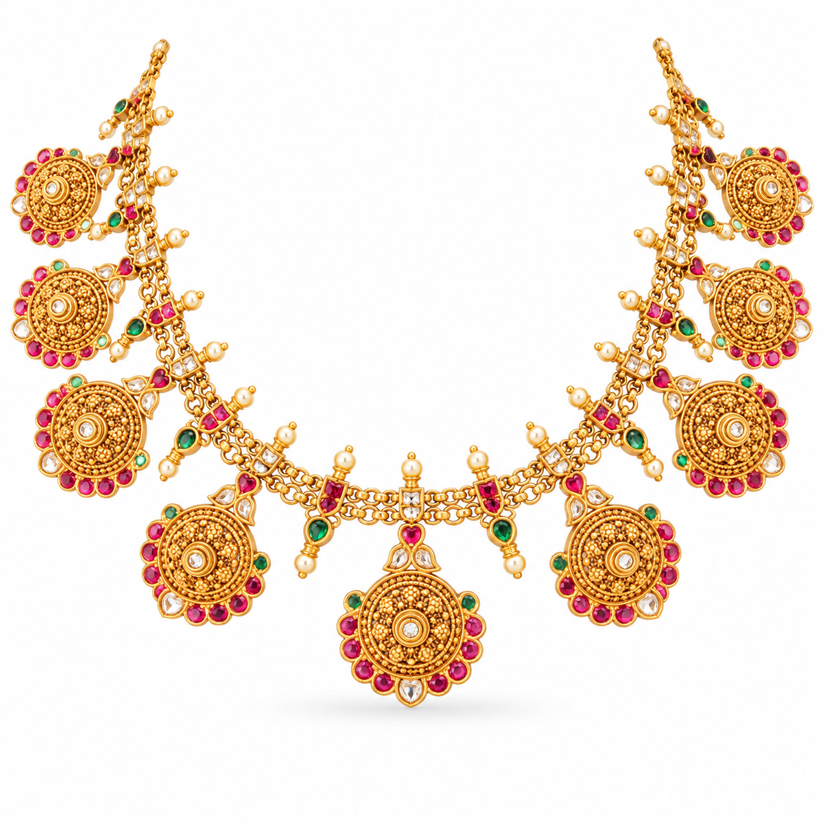 Antique Gold Kundan, Ruby & Emerald Medallion Necklace