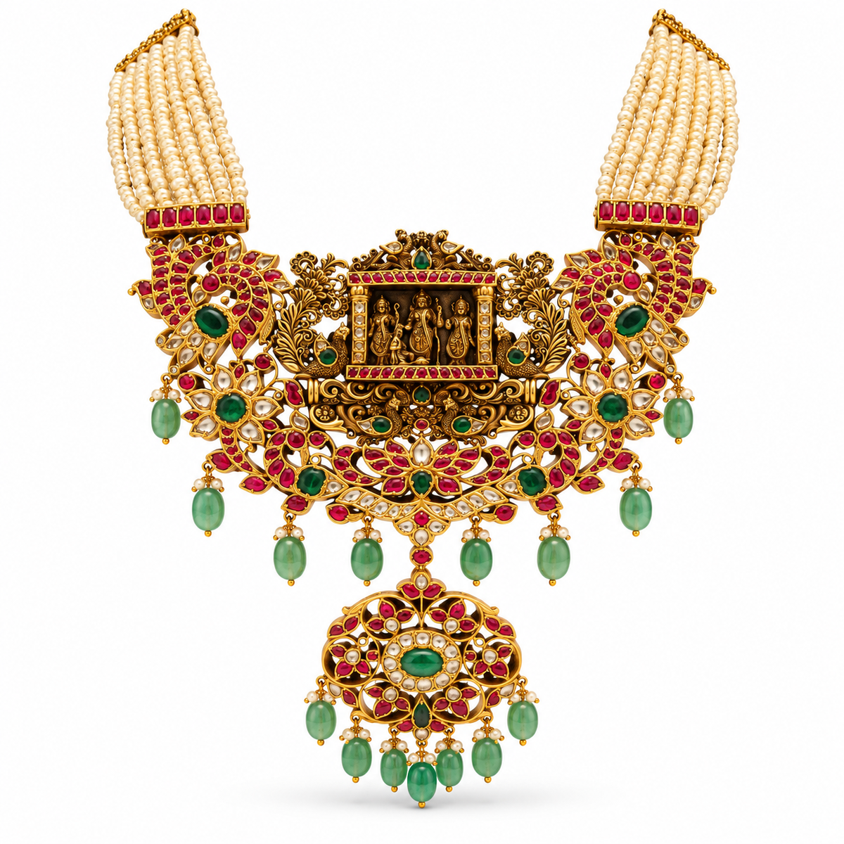 Antique Gold Ram Parivar & Kundan Beads Haara
