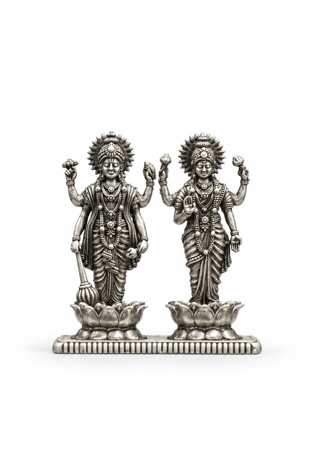 Silver Lakshmi Narayana Idol on Lotus Pedestals