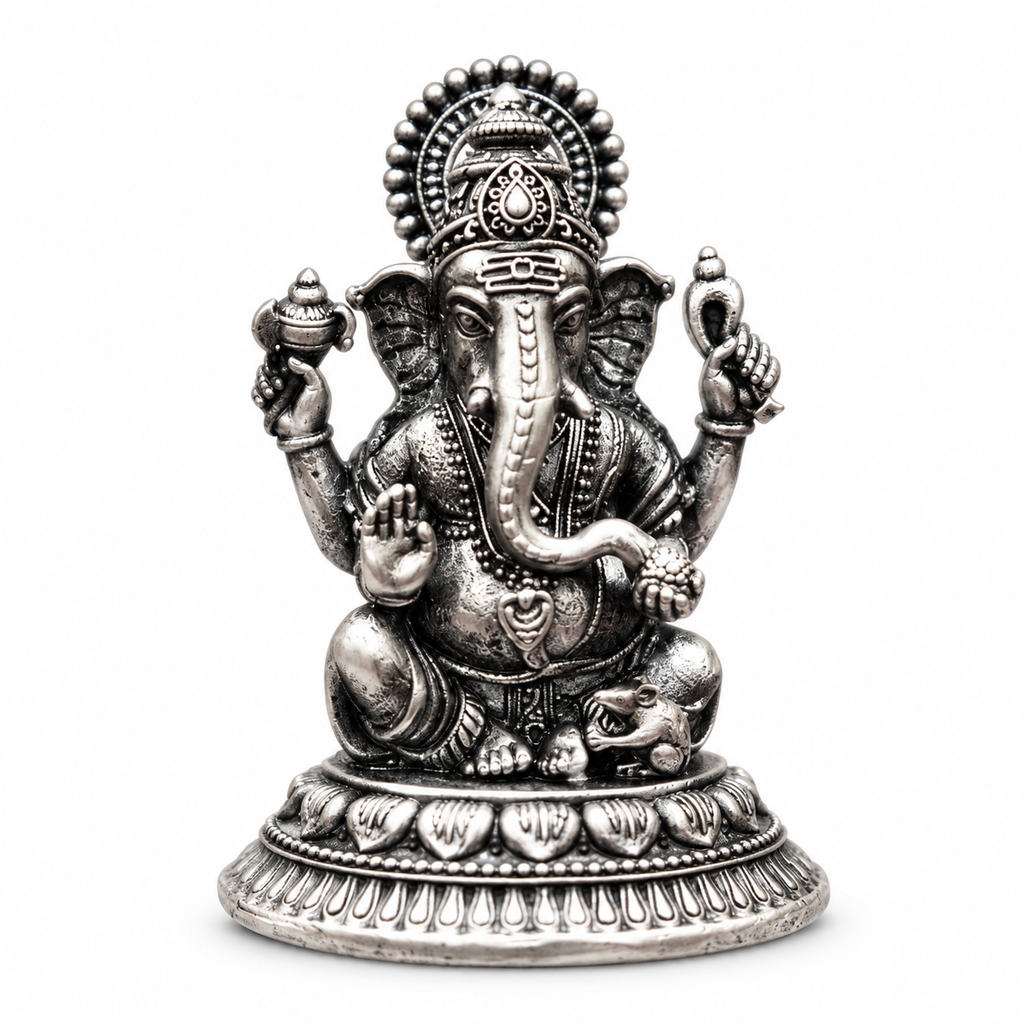 Silver Lord Ganesha Idol on Lotus Pedestal