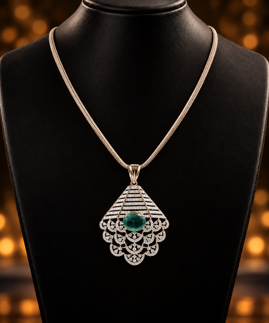 18K Gold Diamond & Oval Emerald Lattice Pendant Necklace