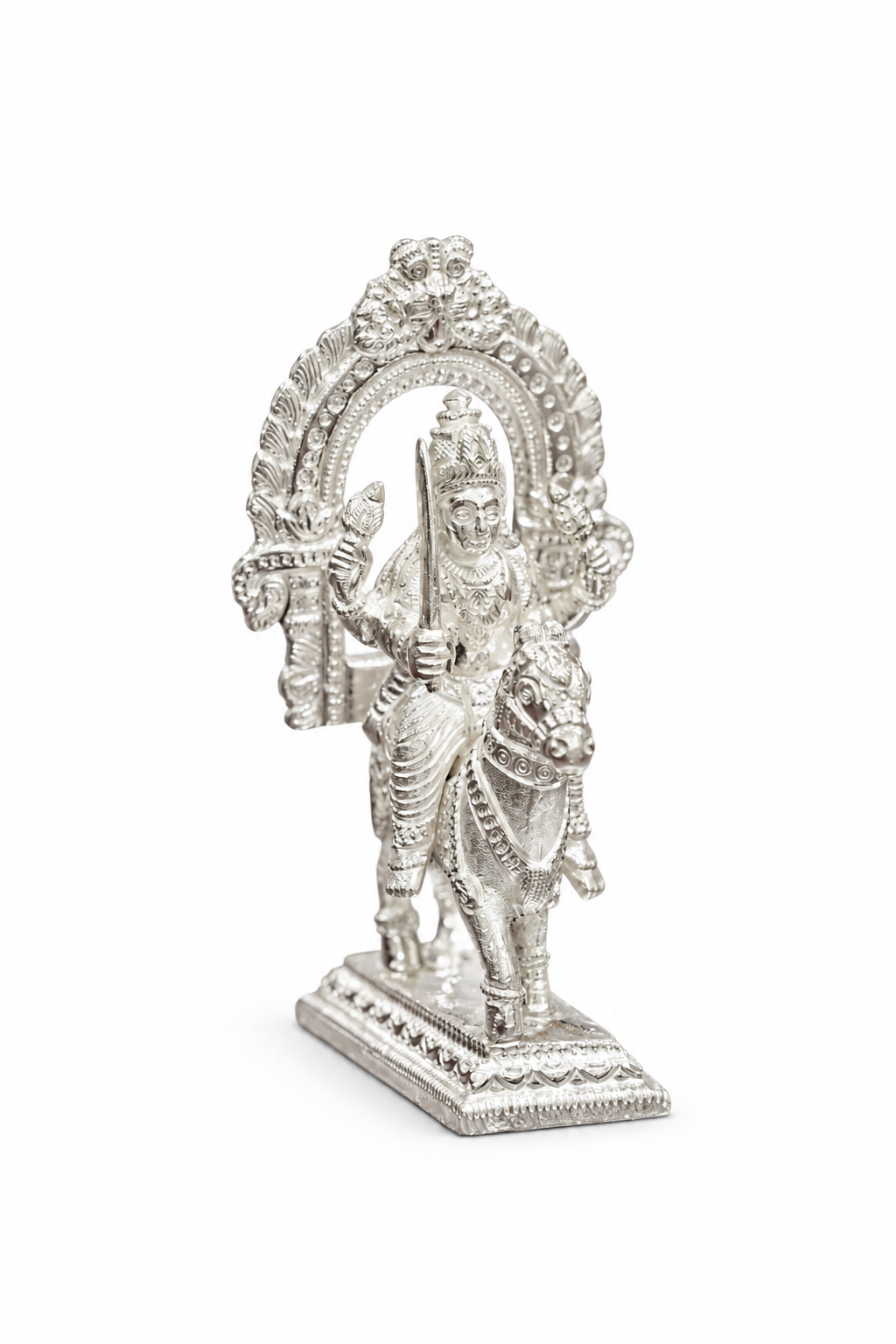Silver Horseback Deity Idol with Ornamental Arch