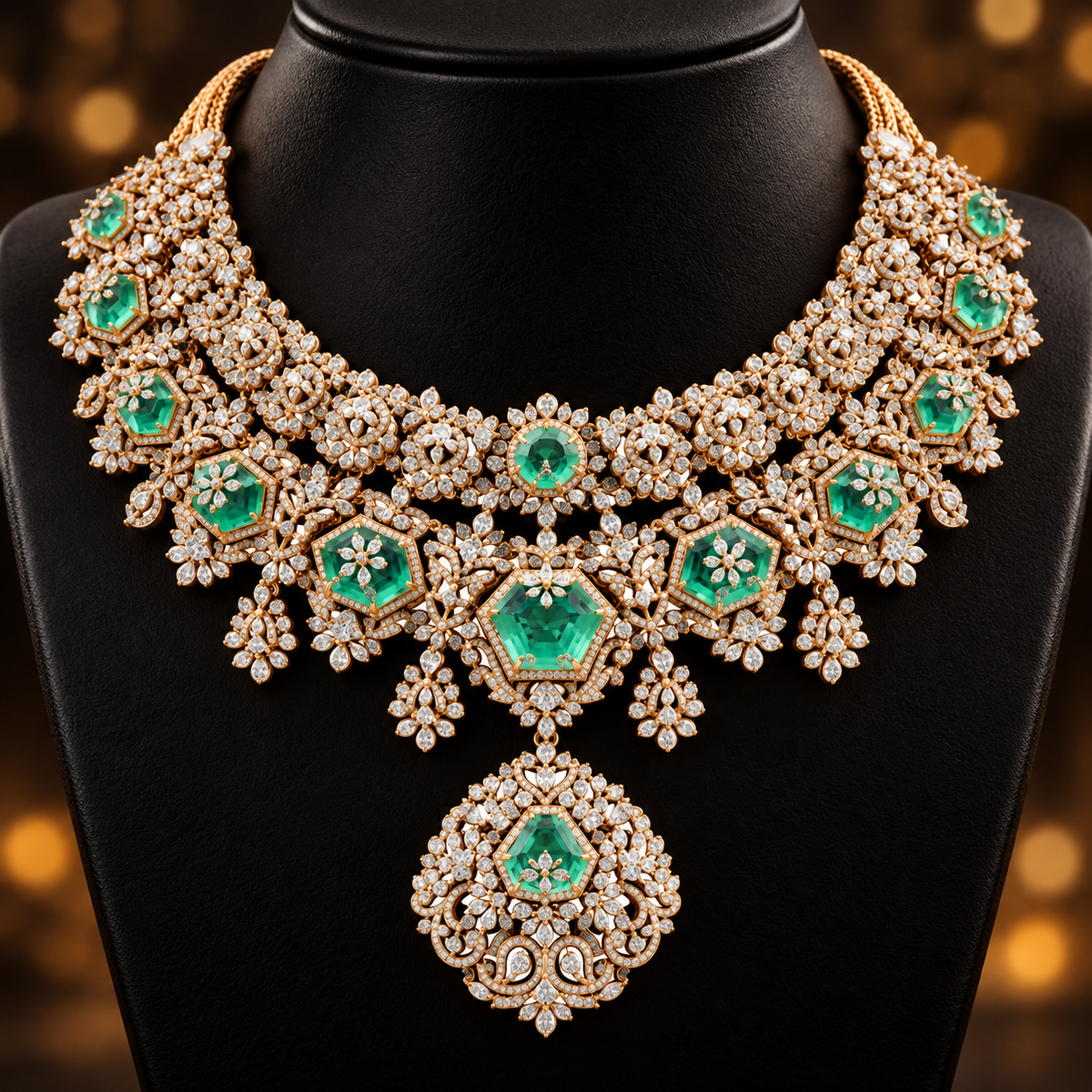 18K Gold Diamond & Emerald Filigree Statement Collar Necklace