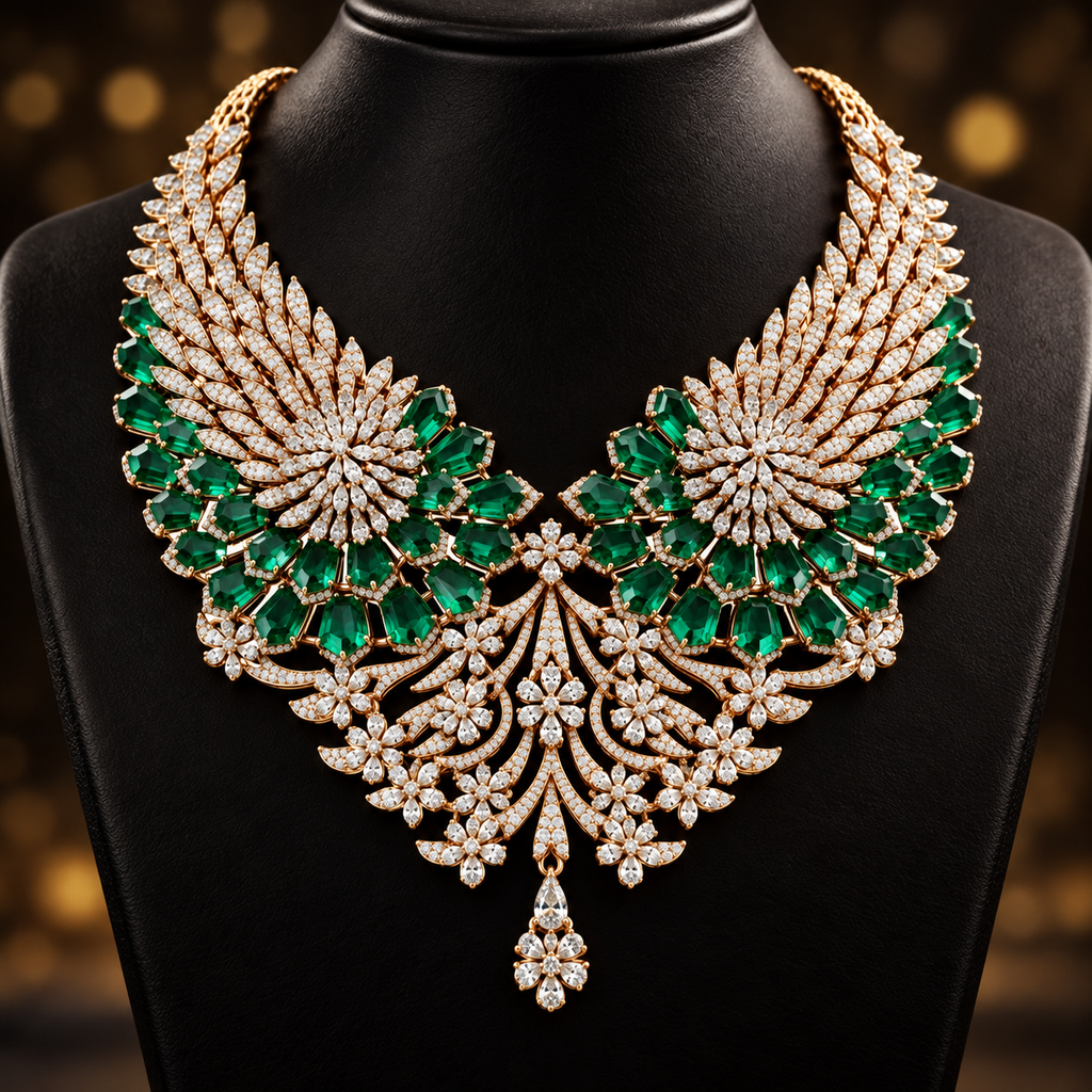 18K Gold Diamond &Emerald Winged High-Jewelry Necklace
