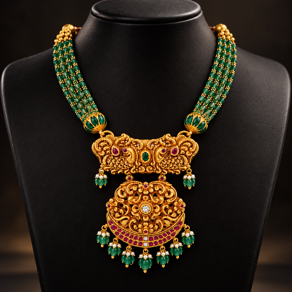 22K Gold Antique Peacock & Emerald Beads Pendant Necklace