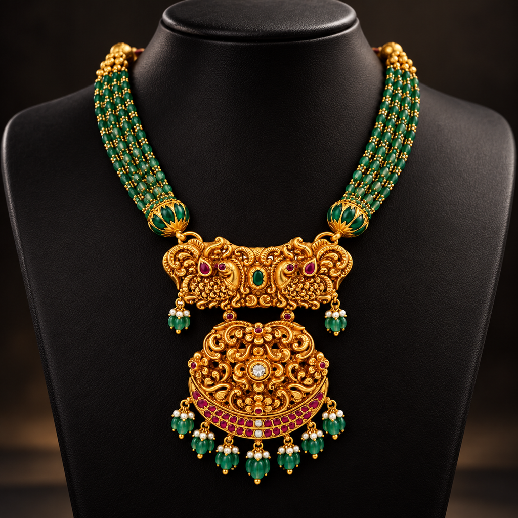 22K Gold Antique Peacock & Emerald Beads Pendant Necklace