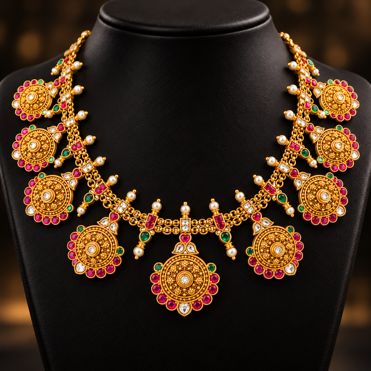 Antique Gold Kundan, Ruby & Emerald Medallion Necklace