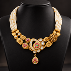 22K Gold Kundan & Pearl Beads Antique Asymmetric Necklace