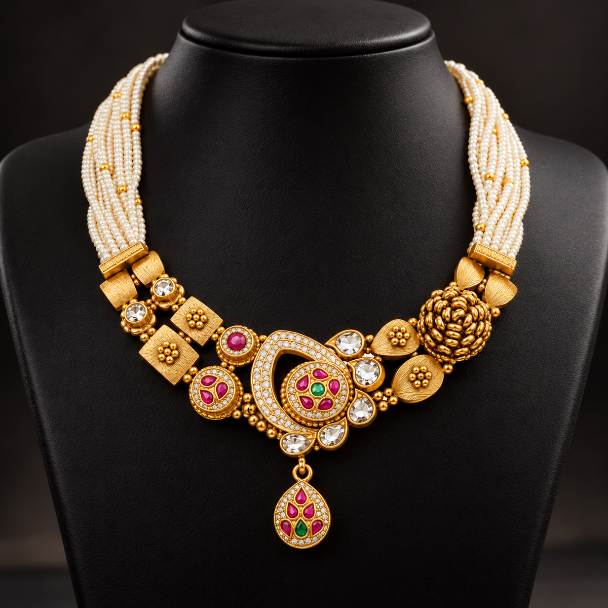 22K Gold Kundan & Pearl Beads Antique Asymmetric Necklace