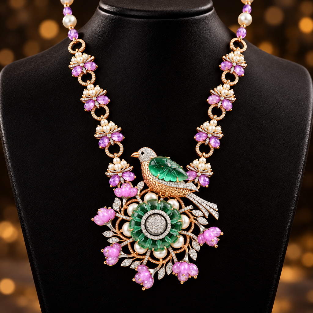 18K Gold Diamond, Carved Gemstone &Pearl Bird Pendant Necklace