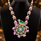 18K Gold Diamond, Carved Gemstone &Pearl Bird Pendant Necklace
