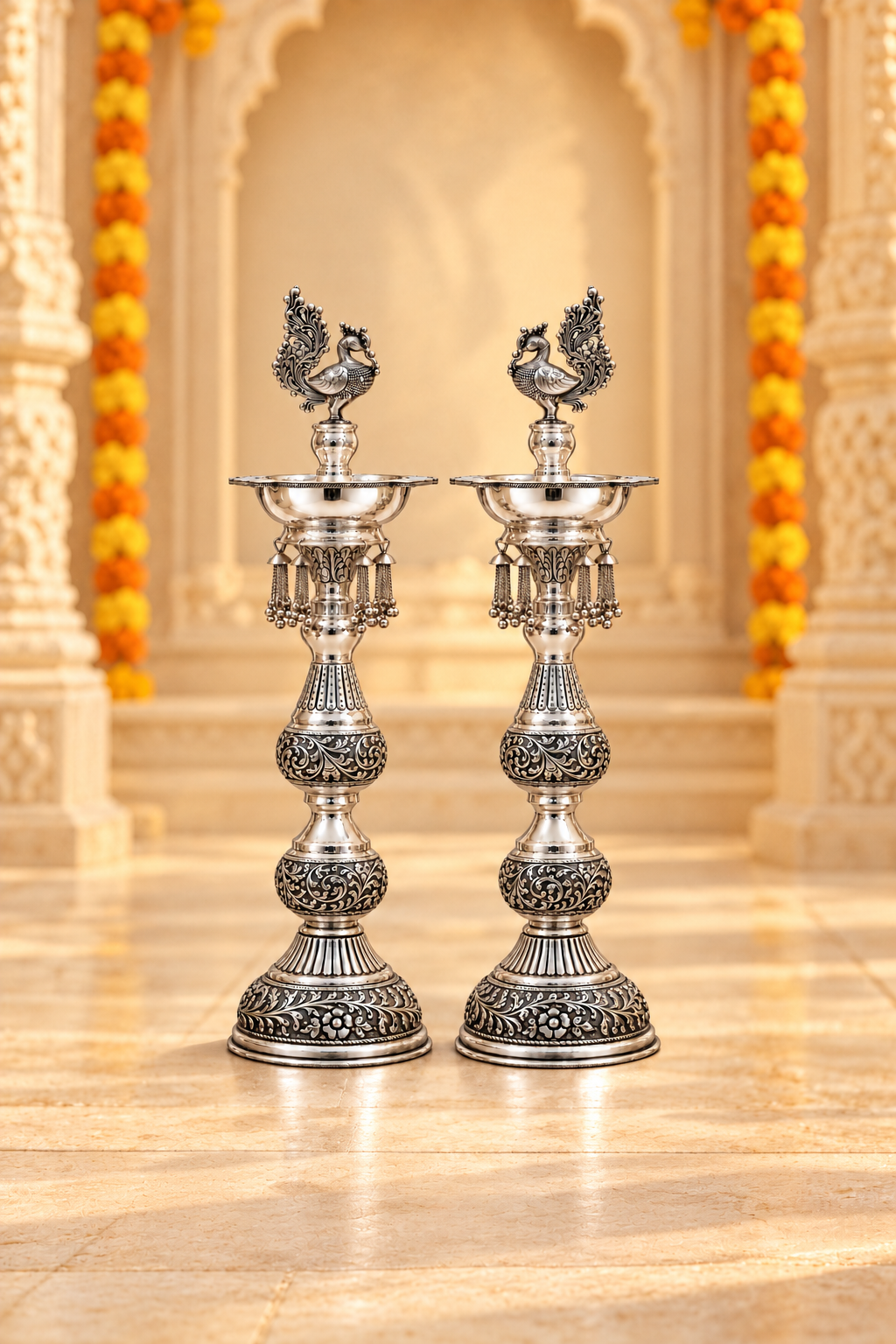 Ornate Peacock Silver Standing Diya Pair