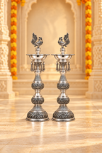 Ornate Peacock Silver Standing Diya Pair