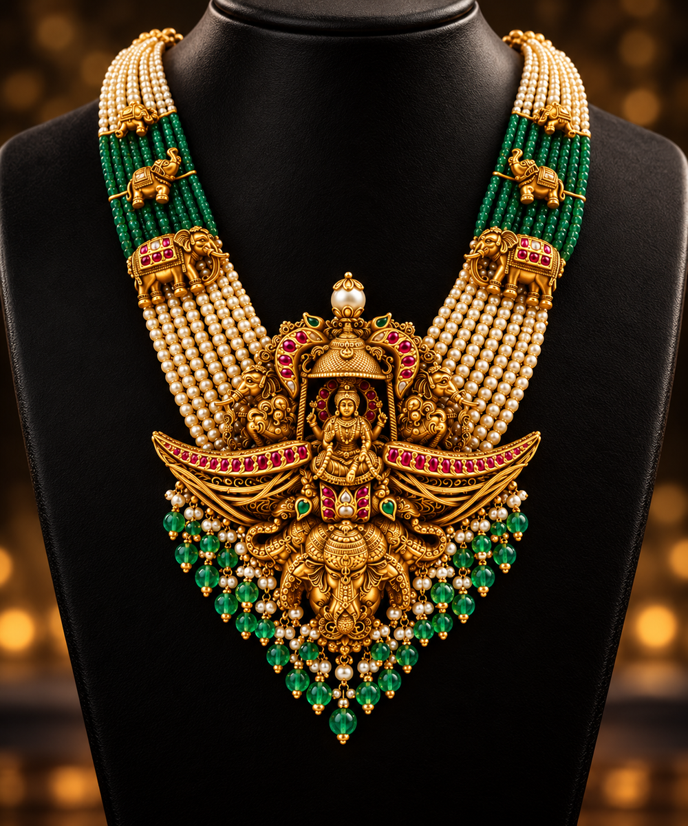 Antique Gold Lakshmi & Elephant Motif Emerald-Pearl Beads Haaram