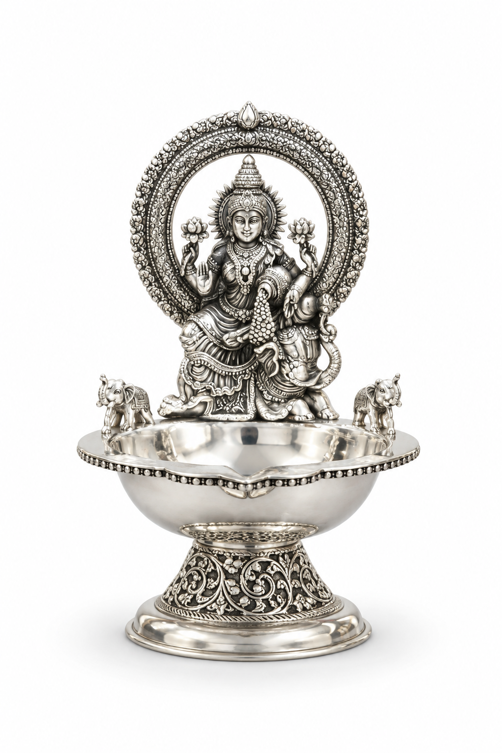 Silver Lakshmi Diya with Elephant Accents