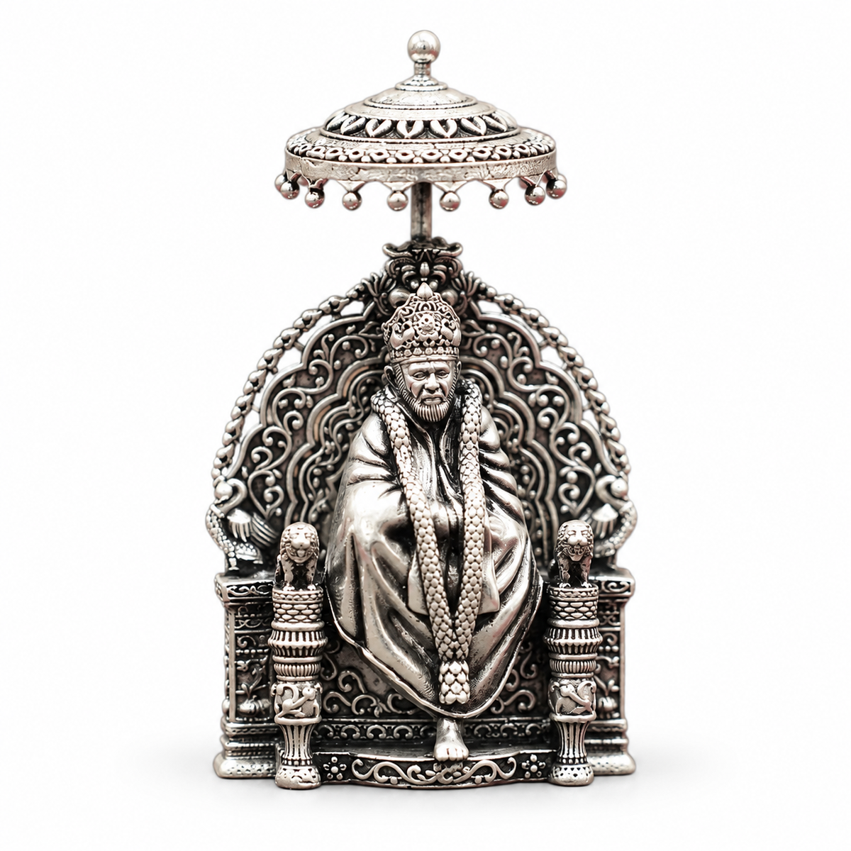 Silver Sai Baba Idol with Ornamental Throne and Canopy