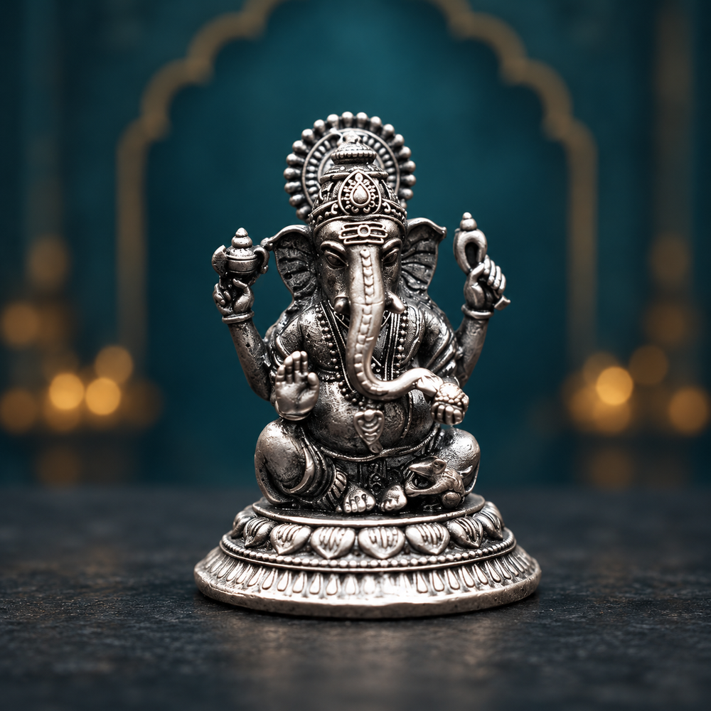 Silver Lord Ganesha Idol on Lotus Pedestal