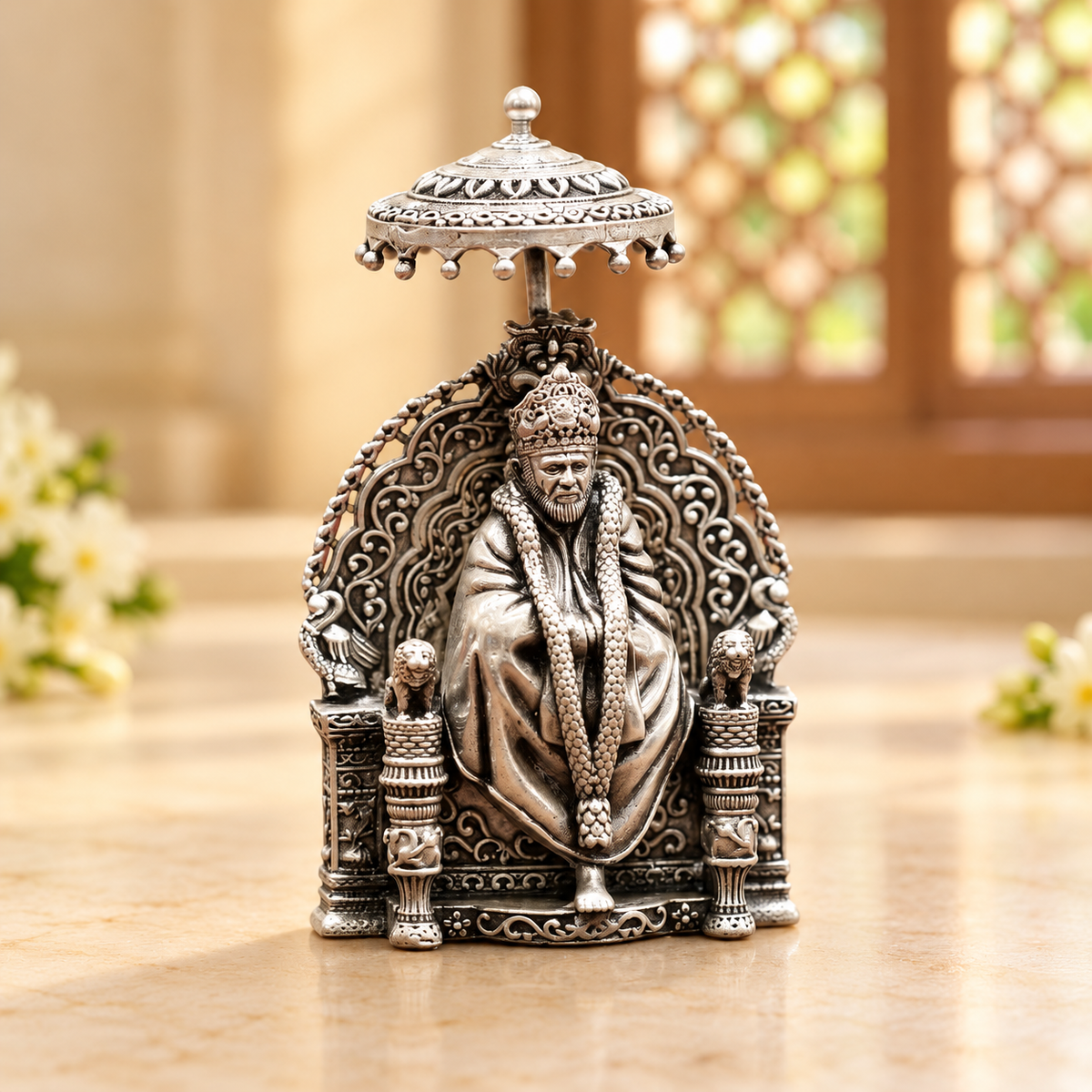 Silver Sai Baba Idol with Ornamental Throne and Canopy