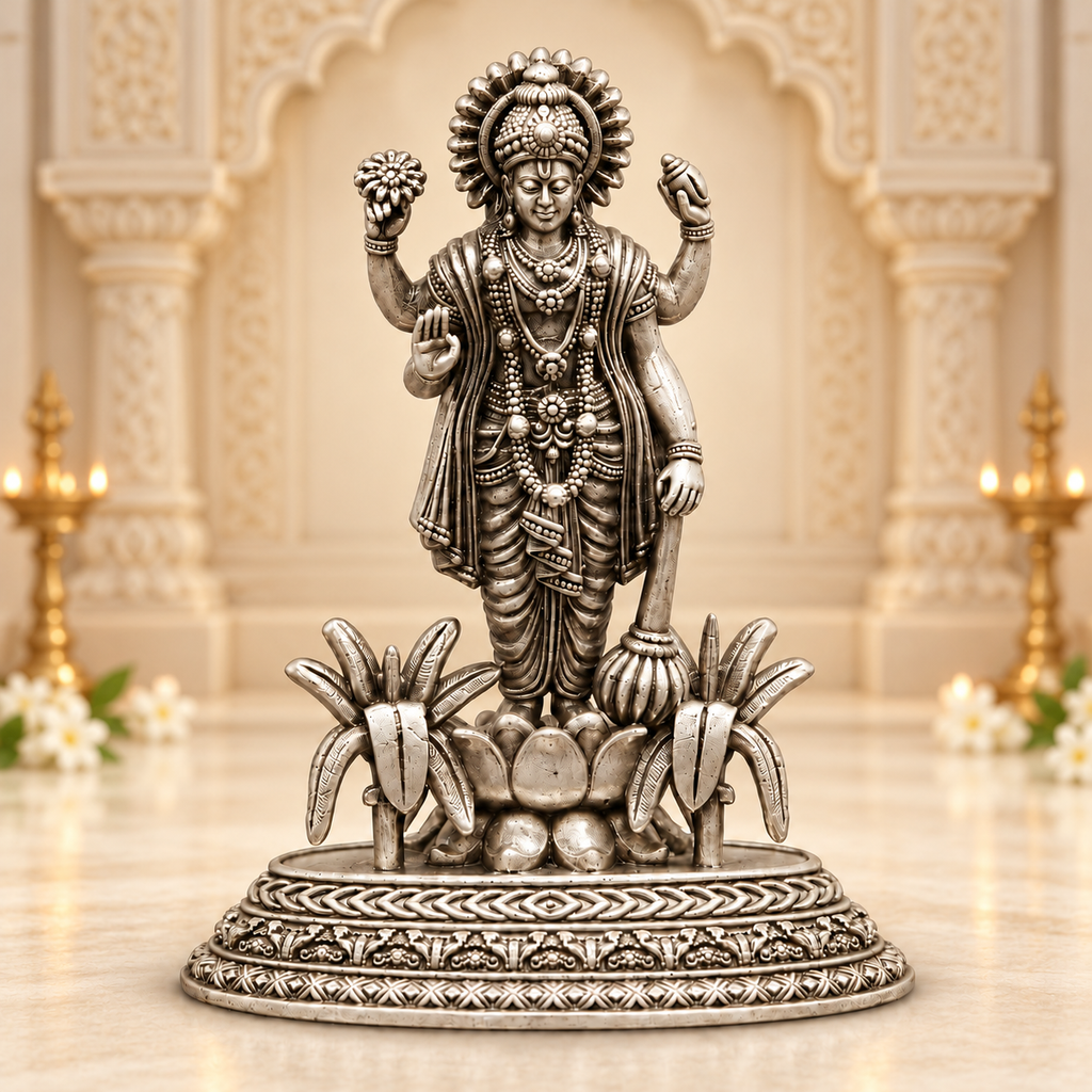 Silver Lord Vishnu Idol on Lotus Pedestal