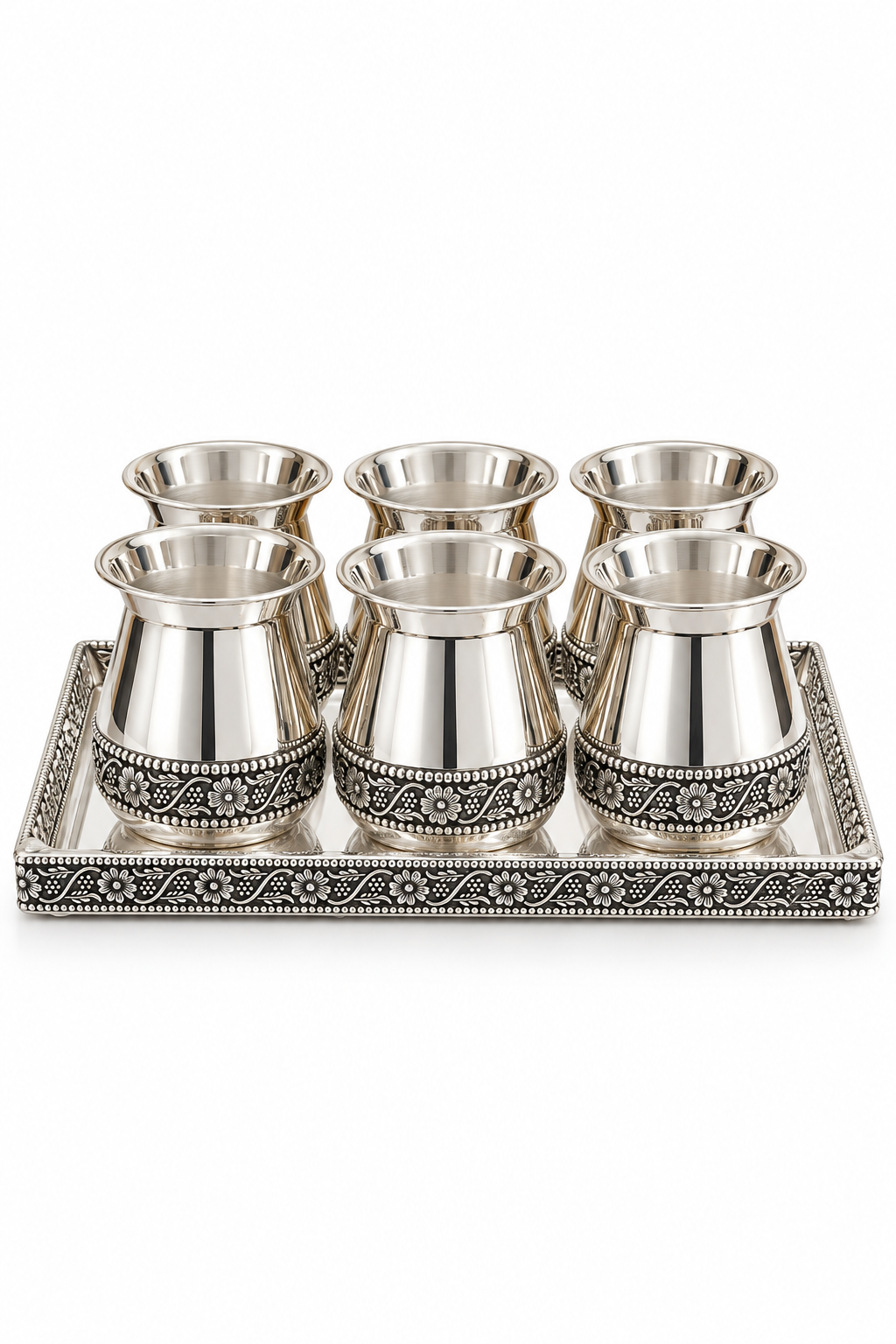 Silver Floral Tumbler Set with Matching Tray