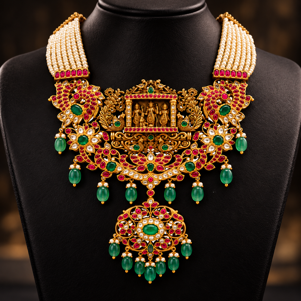 Antique Gold Ram Parivar & Kundan Beads Haara