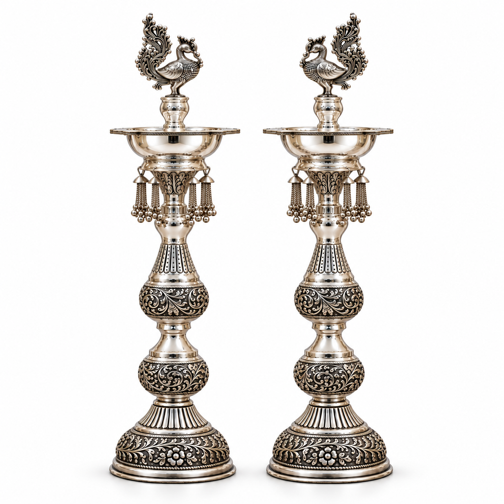 Ornate Peacock Silver Standing Diya Pair