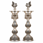 Ornate Peacock Silver Standing Diya Pair