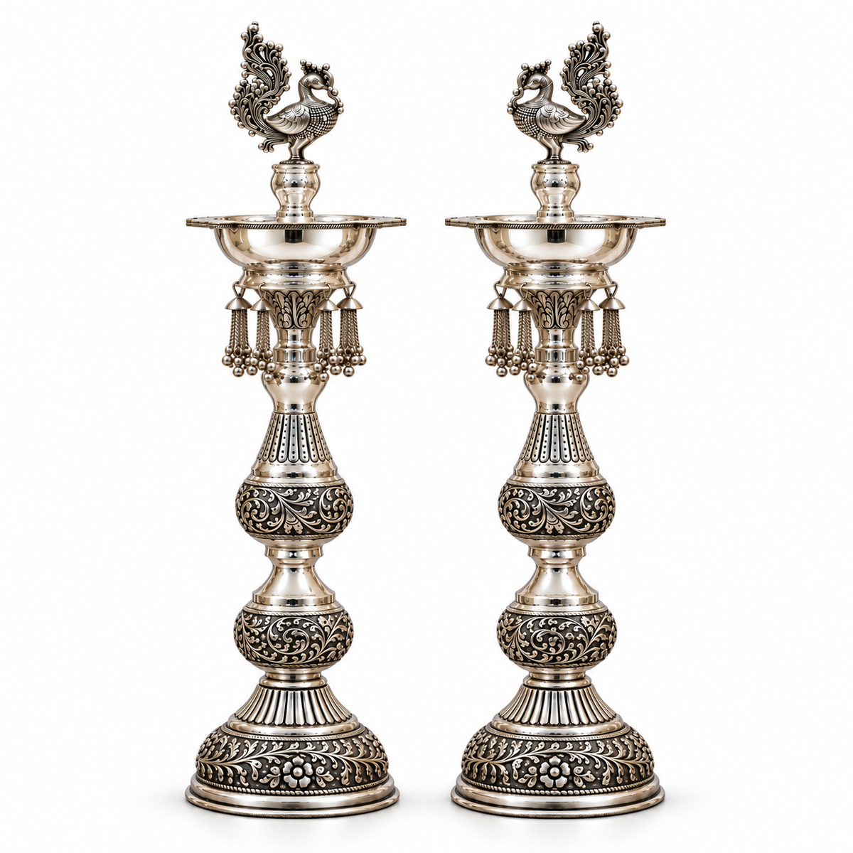 Ornate Peacock Silver Standing Diya Pair