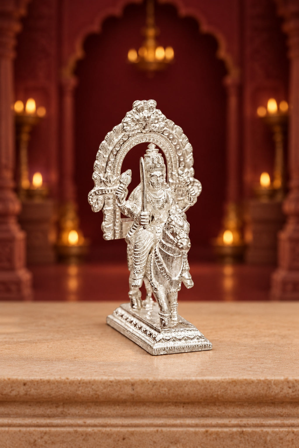 Silver Horseback Deity Idol with Ornamental Arch