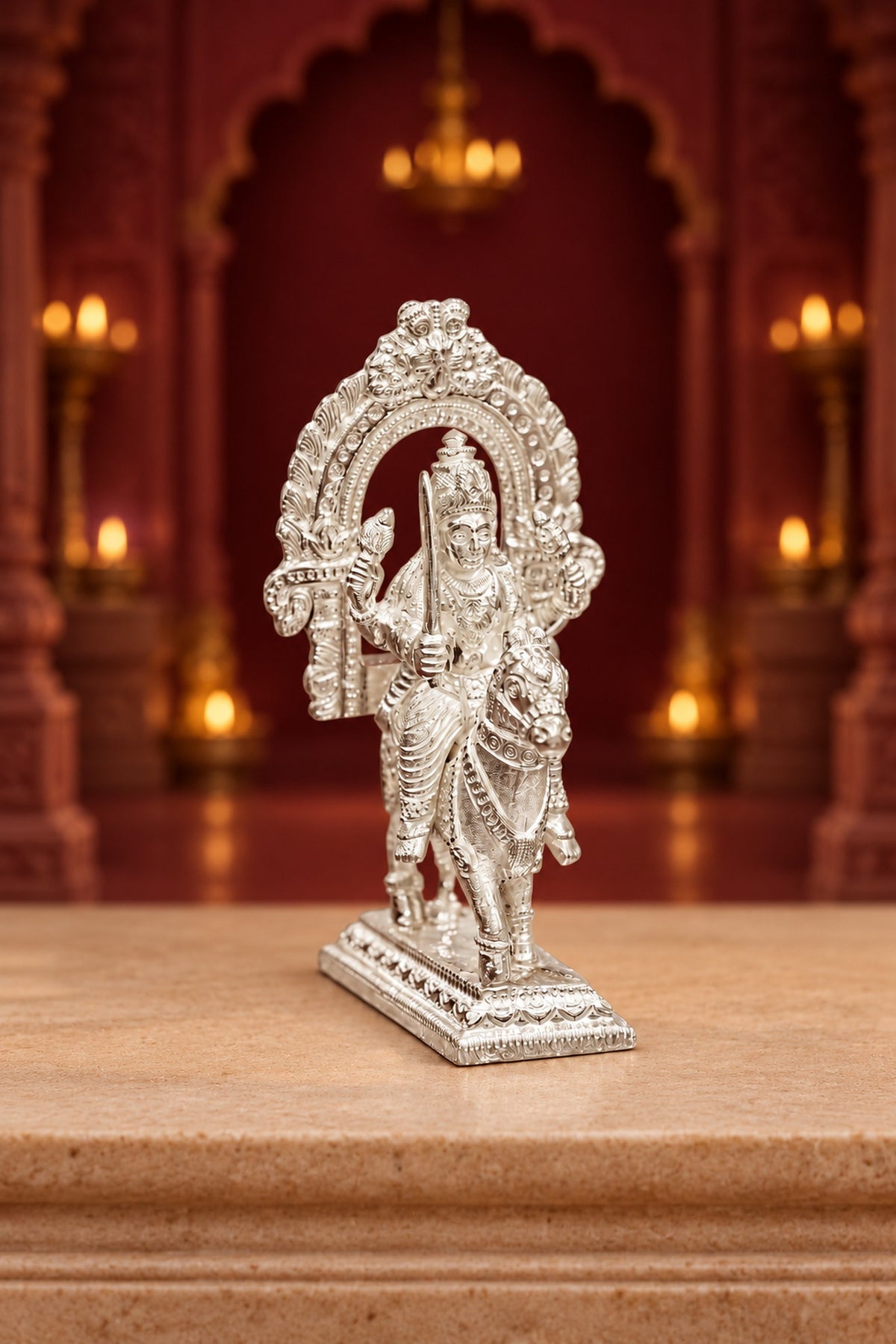 Silver Horseback Deity Idol with Ornamental Arch