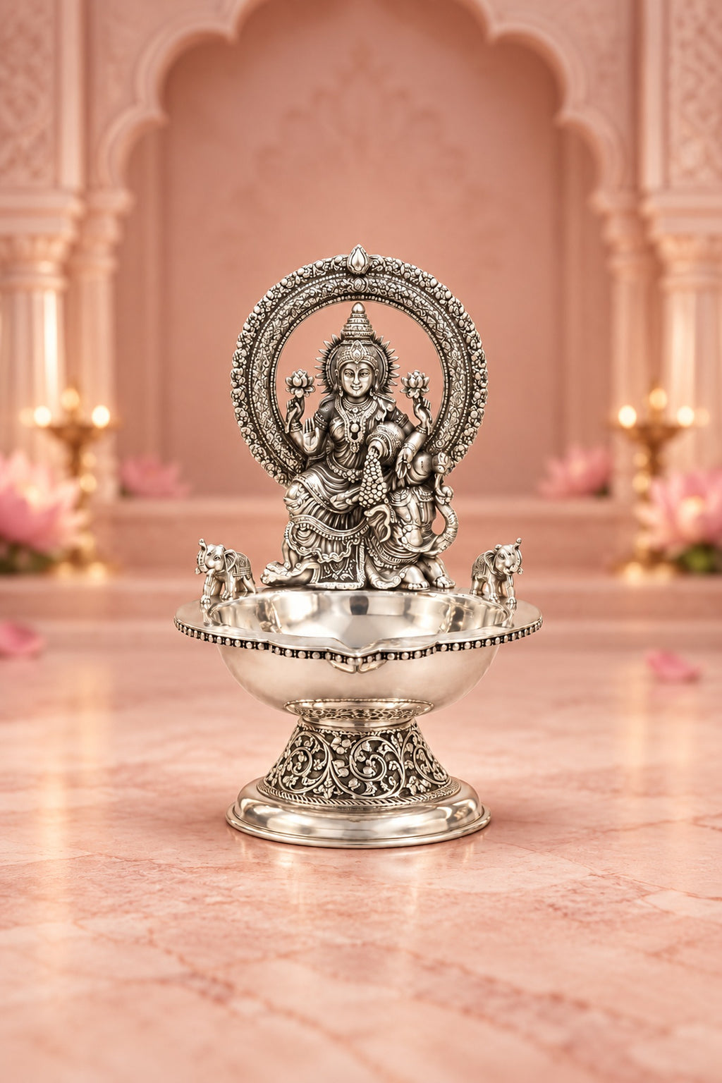 Silver Lakshmi Diya with Elephant Accents