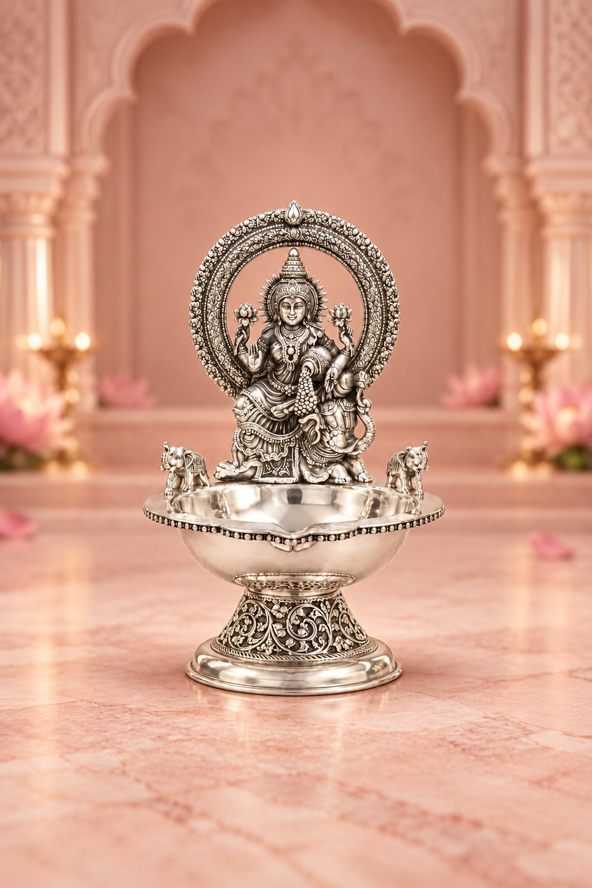 Silver Lakshmi Diya with Elephant Accents