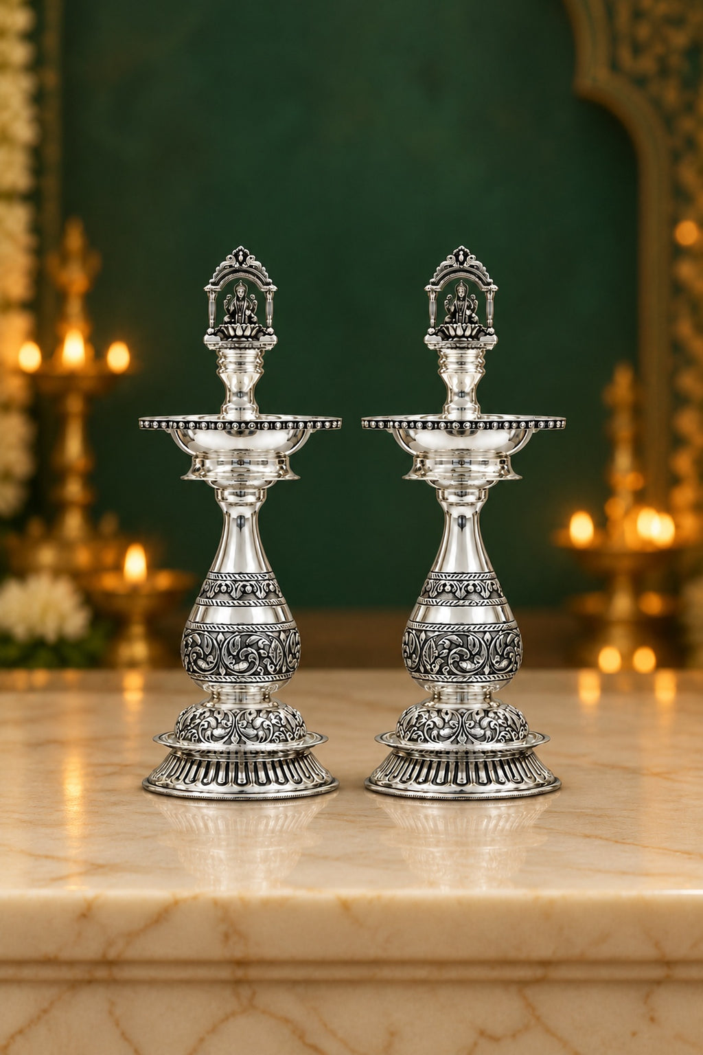 Silver Lakshmi Standing Diya Pair