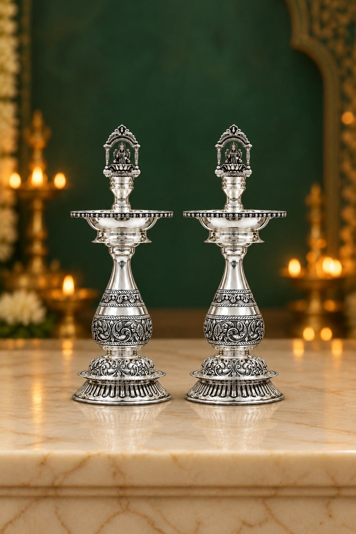Silver Lakshmi Standing Diya Pair