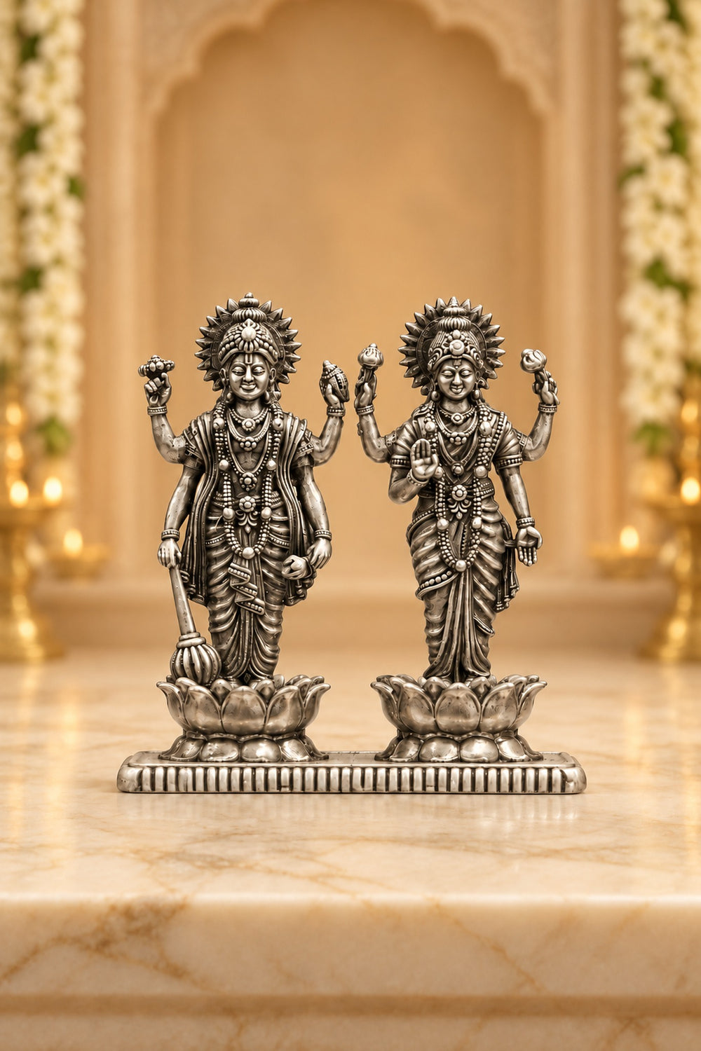Silver Lakshmi Narayana Idol on Lotus Pedestals